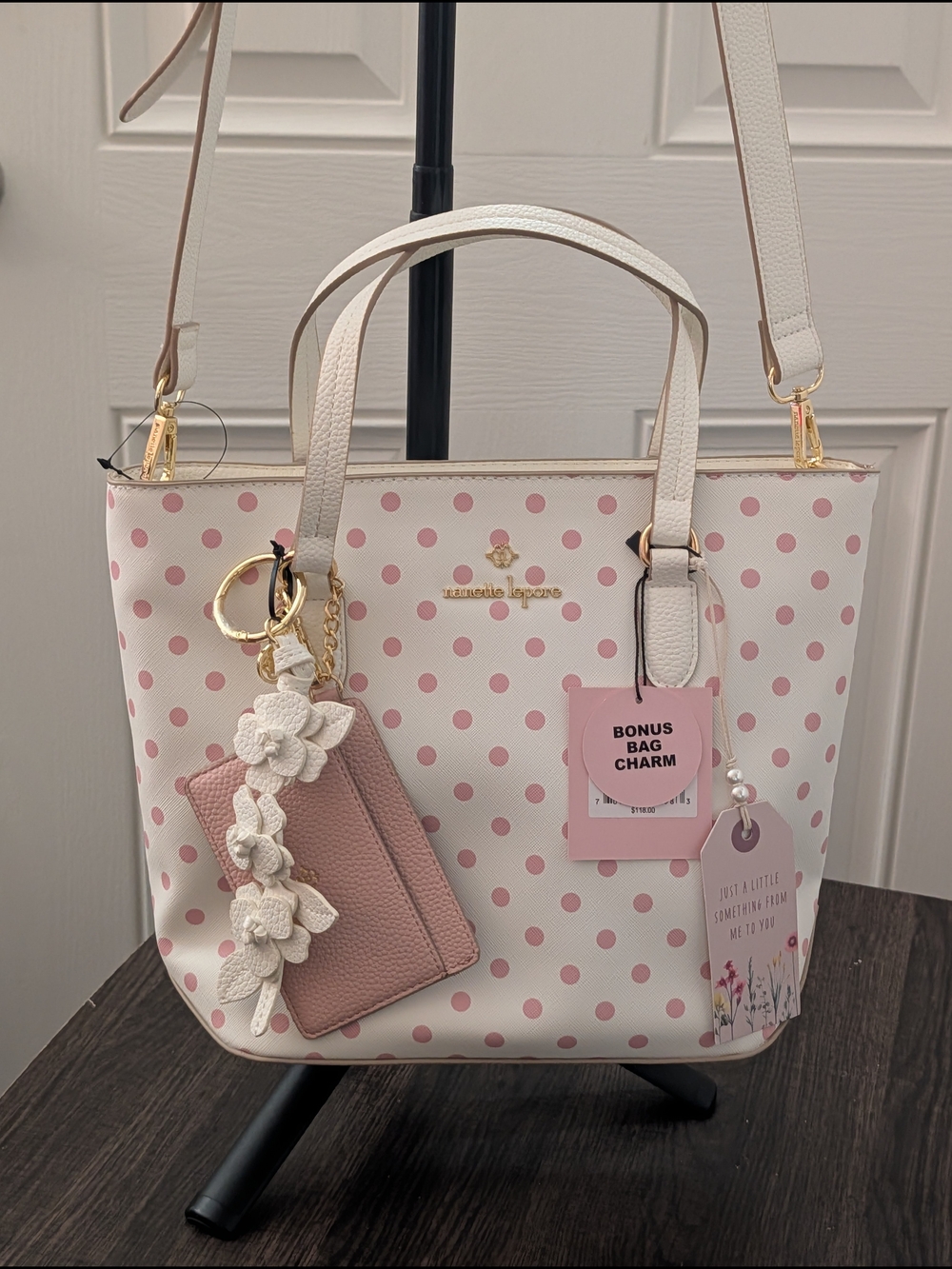 Nanette Lepore Pink Polka Dot Tote with Floral Bag Charm
